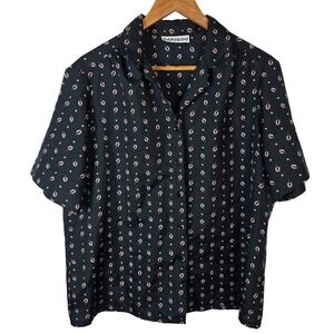 Vintage Caribou Black Floral Print Button Up Short Sleeve Blouse Women's Size XL
